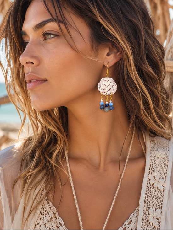 Handmade Jewelry - Bohemian Gold Calico Scallop Shell Drop Aura Earrings with Blue Beads ~ Handmade